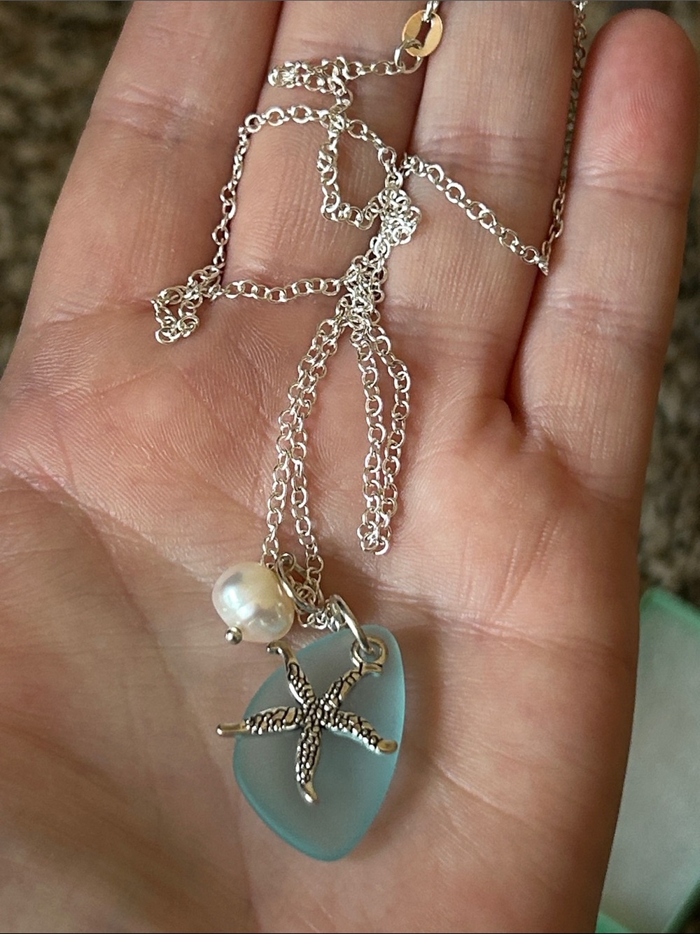 Sea Glass Starfish .925 Sterling Silver Necklace with Fresh Water Pearl